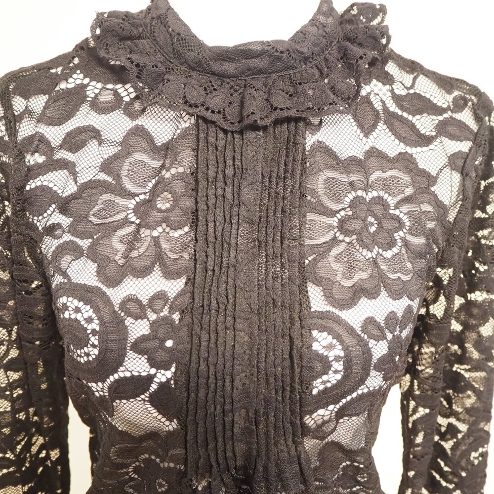 J.Crew Sheer Floral‎ Lace Blouse Sz 4 Ruffle Neck Bell Sleeves Black Victorian